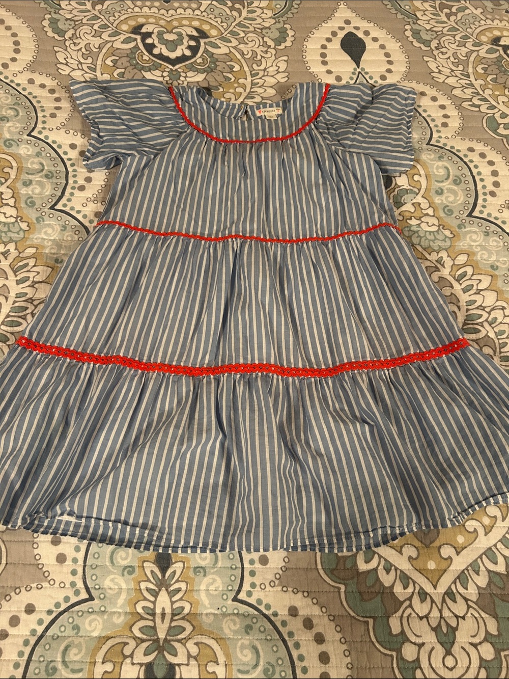 Crewcuts Blue, White, Red Rickrack girls Tiered Striped Dress